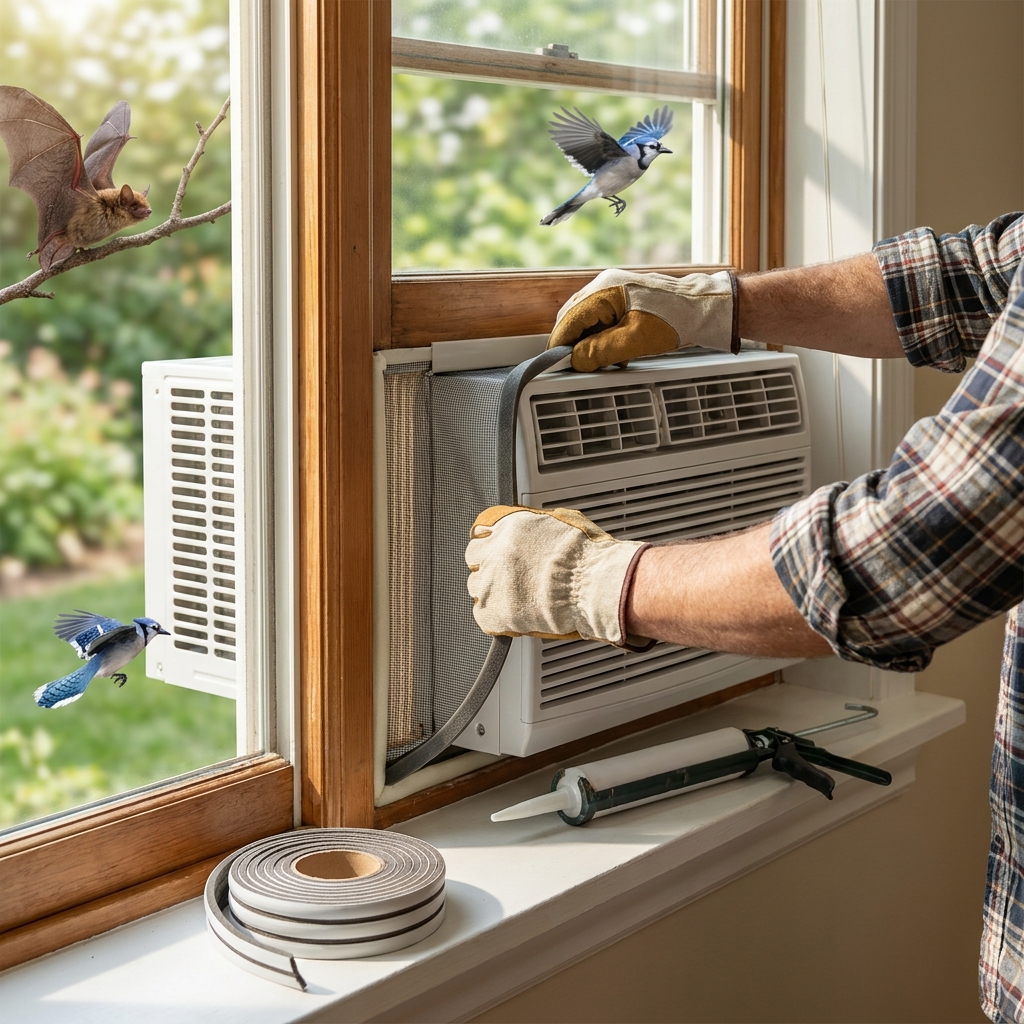 Safe, wildlife-friendly window AC and fan setups: preventing bird and bat mishaps in summer