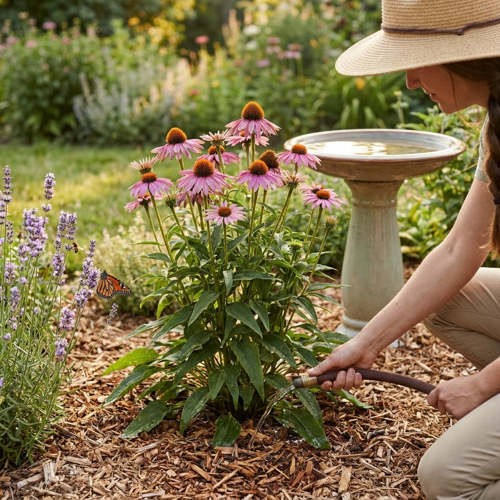 Summer garden watering with wildlife in mind: keeping plants healthy without wasting water or harming pollinators