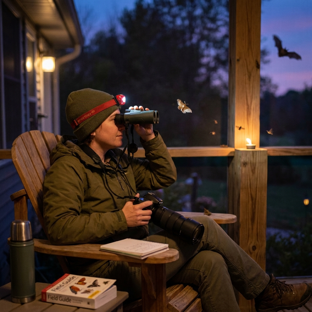 Backyard at night in late July: how to enjoy evening wildlife safely (bats, moths, owls) with low-impact habits