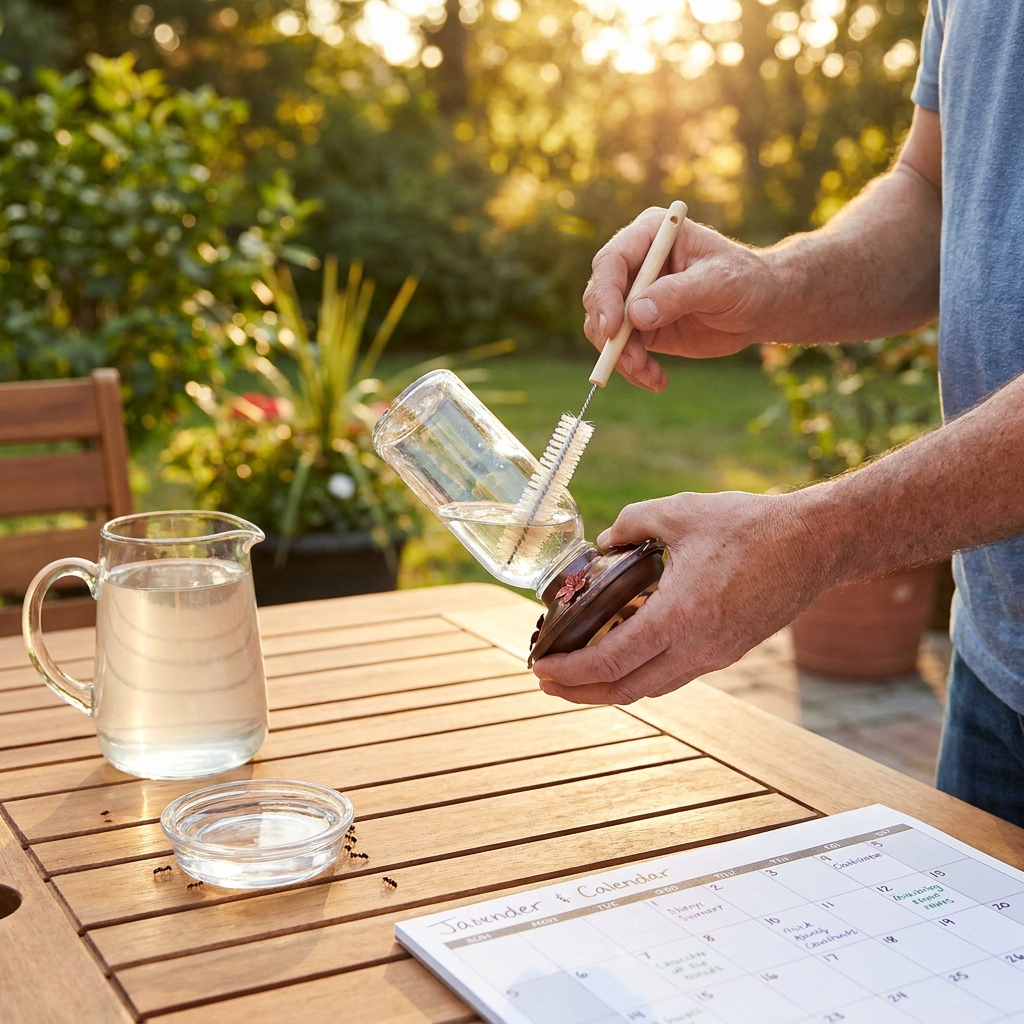 August hummingbird feeder routine: a simple, safe schedule for heat, ants, and clean nectar