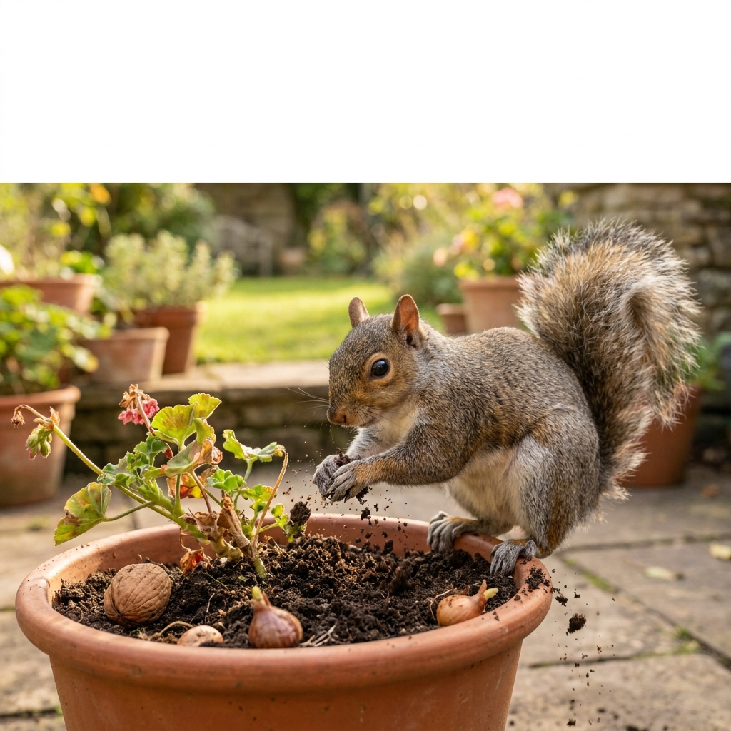 Early August: why squirrels (and other animals) suddenly dig in pots and lawns—and humane ways to reduce it